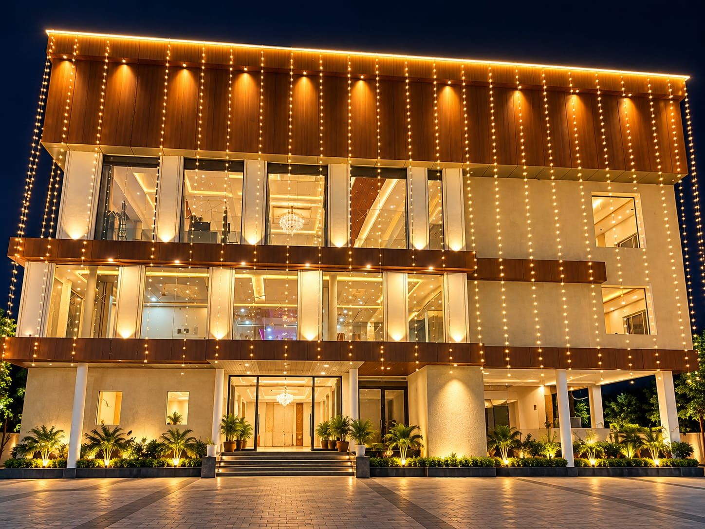Front of Nirmale Convention Hall lit with festive lights at night