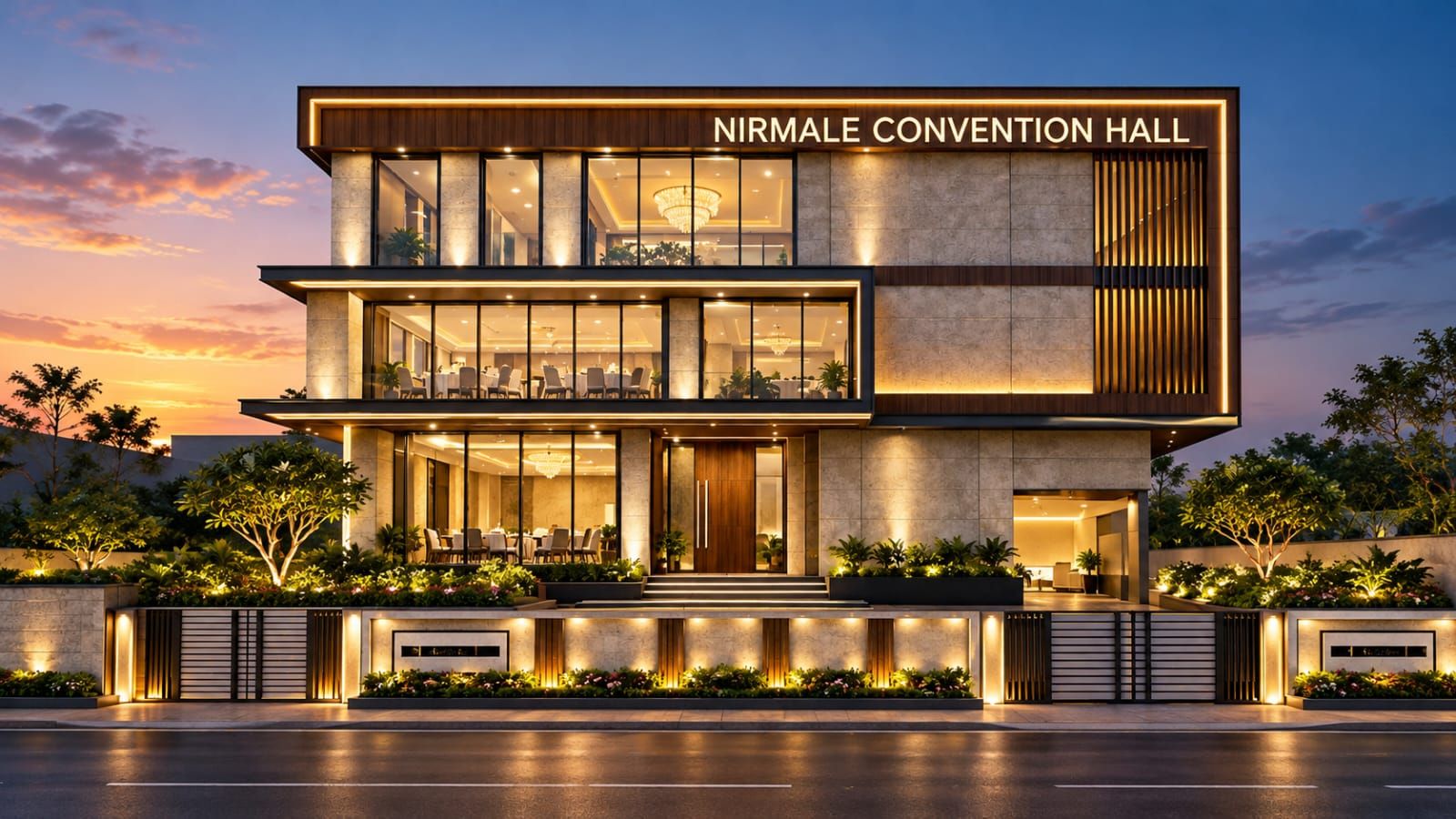 Nirmale Convention Hall building lit up at dusk